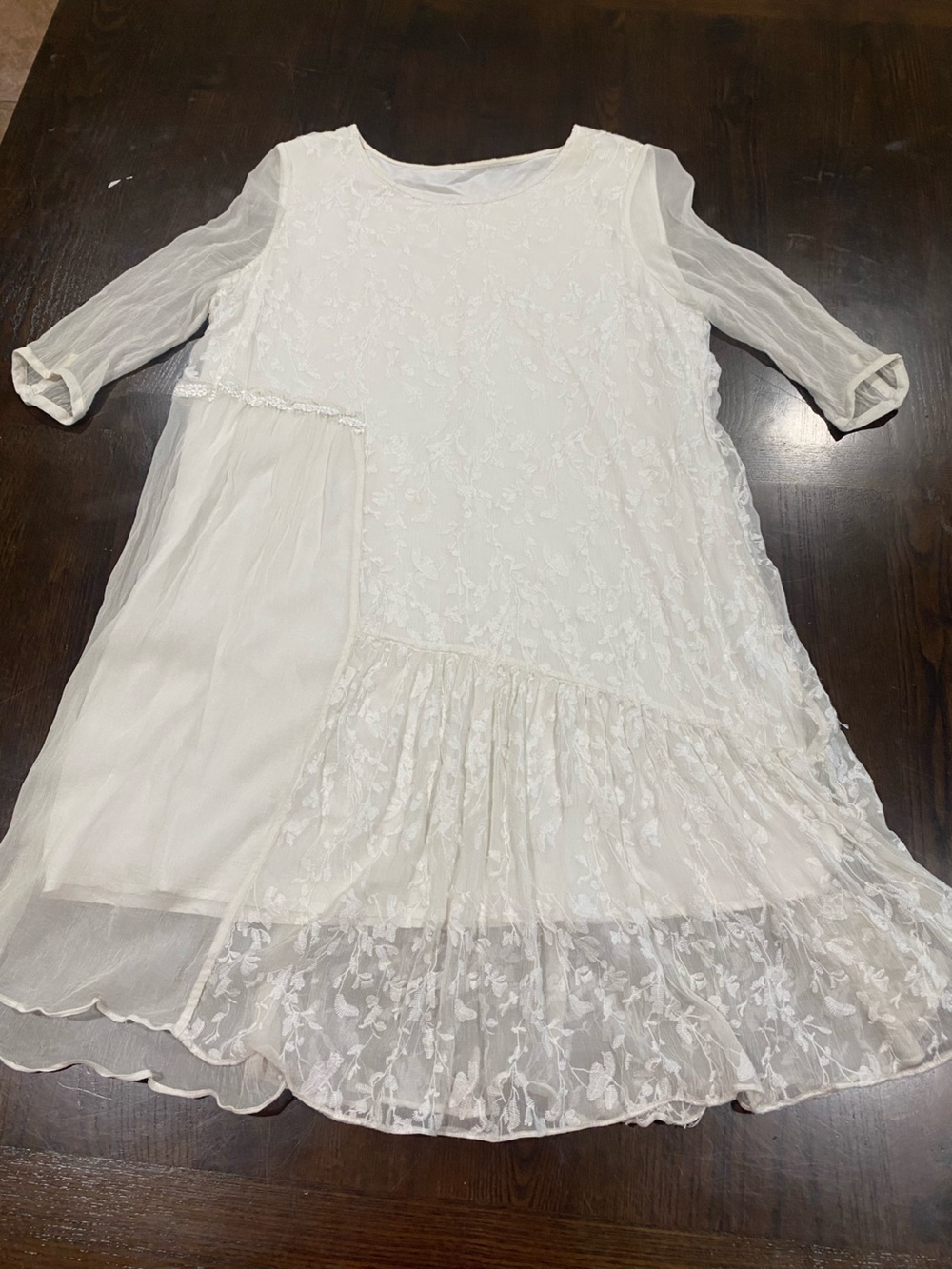 Ivory Lace Panel Long-Sleeve Dress